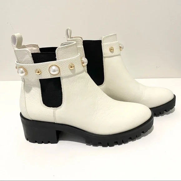 KARL LAGERFELD Pola Leather Off White Pearl Stud Ankle Strap Chelsea Booties NWT - Picture 3 of 16